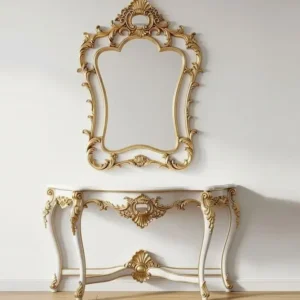 Solid teak wood console table with white deco paint and gold carvings.