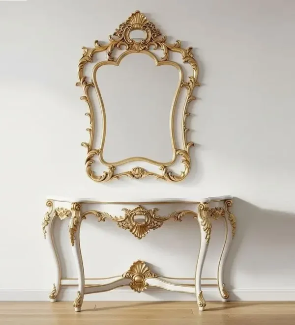 consol frame wood Solid teak wood console table with white deco paint and gold carvings.