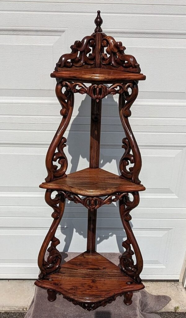 Antique Hand-Carved Rosewood Three-Tier Corner Whatnot Stand