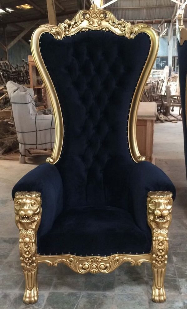 Regal Lion Head Throne Chair – Gold & Navy Blue Velvet