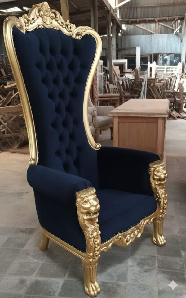 Regal Lion Head Throne Chair – Gold & Navy Blue Velvet