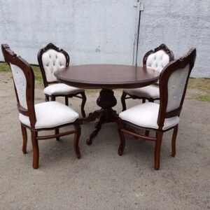 4 seater dining set in solid teak wood with walnut finish and cushion chair