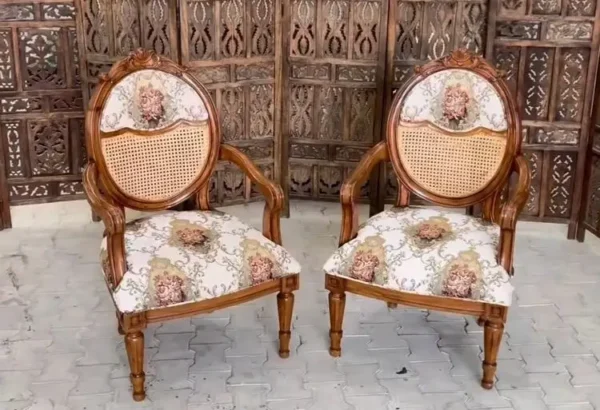 Solid teak wood cane chair set of 2 with walnut poslish