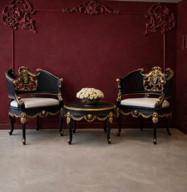 Antique Style French Provincial Carved Chairs and Stool Set