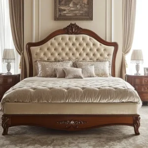 Teak wood double bed with walnut finish and cushioned headboard