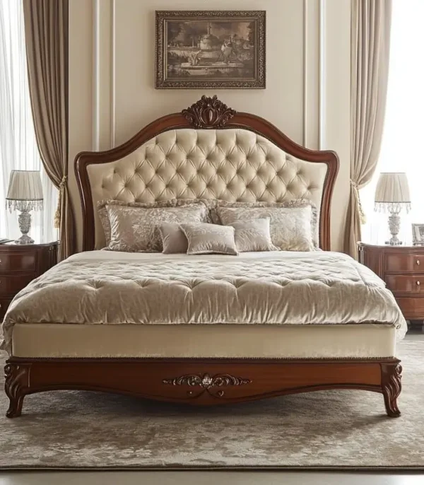 Teak wood double bed with walnut finish and cushioned headboard