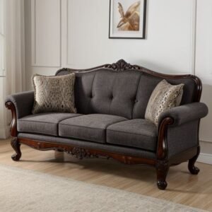 The Wooden Atelier Victorian-style 3-seater sofa with hand-carved wood frame and charcoal fabric