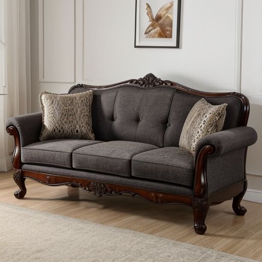 The Wooden Atelier Victorian-style 3-seater sofa with hand-carved wood frame and charcoal fabric