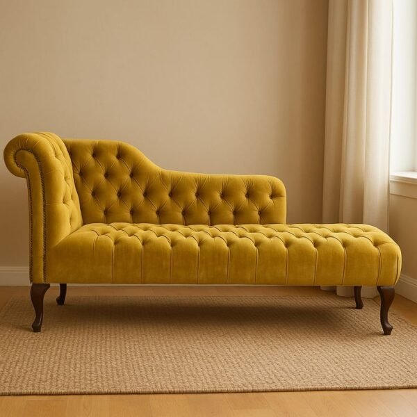 Mustard yellow tufted velvet chaise lounge with dark wood legs and button-tufted upholstery against a neutral wall.