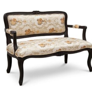 "Victorian style 2-seater wooden sofa with dark walnut finish and cream floral fabric upholstery, isolated on a white background."