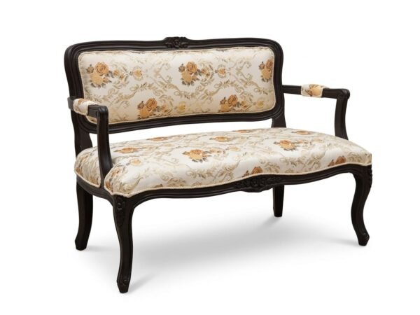 victoria 2 seater "Victorian style 2-seater wooden sofa with dark walnut finish and cream floral fabric upholstery, isolated on a white background."