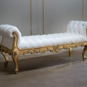 "Hand-carved wooden setti with gold leaf finish and white diamond-tufted upholstery, luxury French Rococo style bed-end bench for royal home decor."