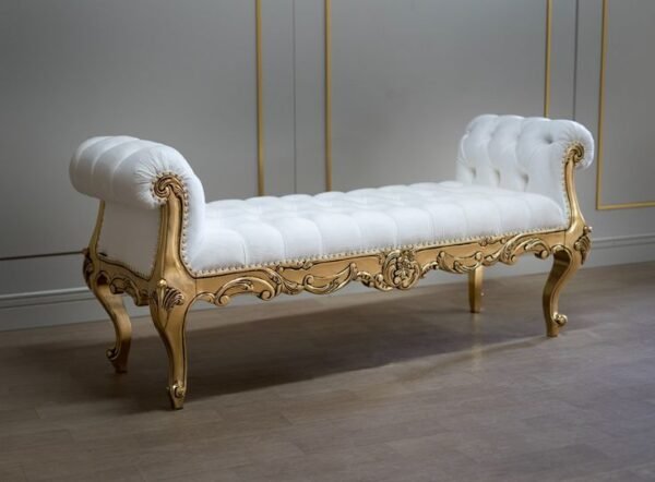 "Hand-carved wooden setti with gold leaf finish and white diamond-tufted upholstery, luxury French Rococo style bed-end bench for royal home decor."