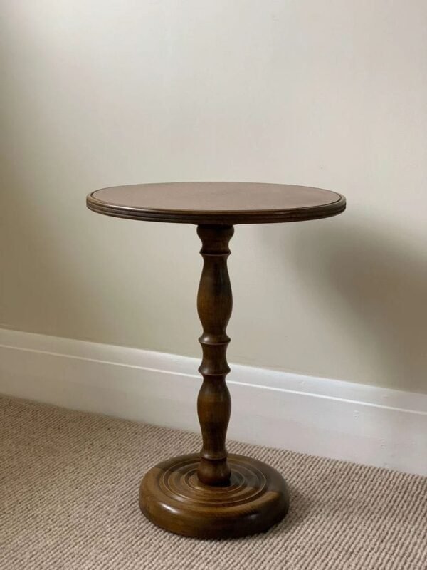 Vintage Wooden Pedestal Side Table | Solid Wood Round Accent Table Solid wood round pedestal accent table with a walnut finish and classic turned wood design.