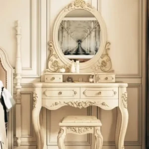 Teak wood dressing table with stool in white deco polish