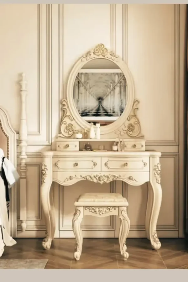 Teak wood dressing table with stool in white deco polish