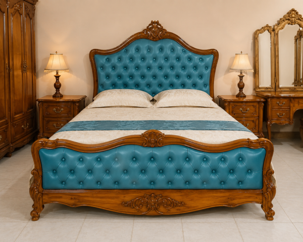 Modern Luxury wooden bed with blue tufted upholstery, antique carved headboard, premium classic bedroom furniture design for elegant interiors.