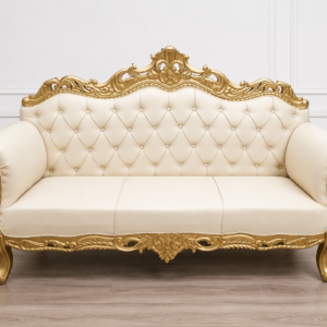 Luxury royal carving sofa set with gold finish wooden frame, cream tufted upholstery, premium designer living room furniture for elegant luxury interiors.