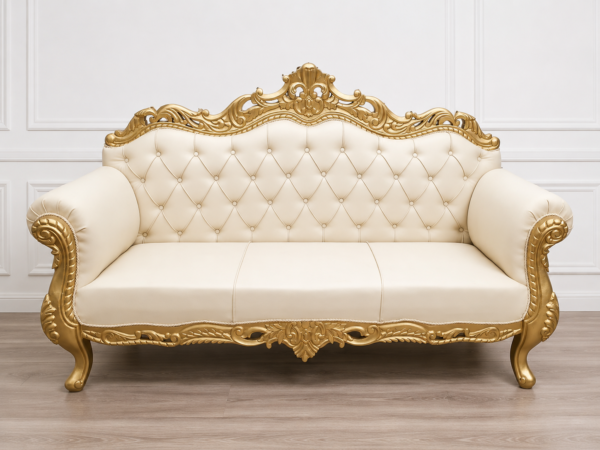Luxury royal carving sofa set with gold finish wooden frame, cream tufted upholstery, premium designer living room furniture for elegant luxury interiors.