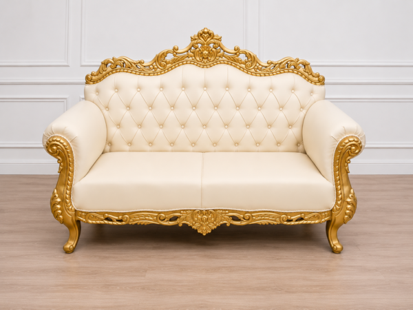 6 seater Luxury Royal Carving Sofa Set – Handmade Gold Finish Tufted Wooden Sofa for Elegant Living Rooms