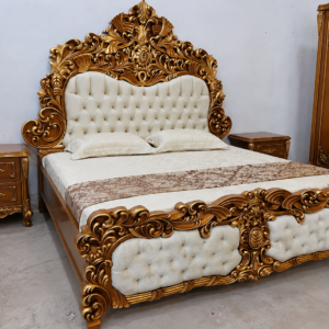 Wooden carving double bed Luxury royal carved bed set with antique gold finish, tufted upholstered headboard, matching side tables, and designer wardrobe for premium bedroom interiors.