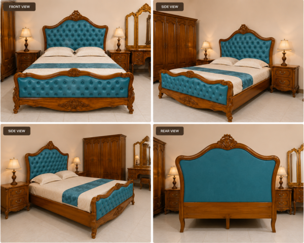 Modern Luxury Wooden Bed with Tufted Blue Upholstery | Premium Classic Bedroom Furniture
