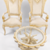 Luxury royal wooden chair set with glass coffee table, handcrafted high-back chairs with gold detailing and premium upholstery for elegant living room décor
