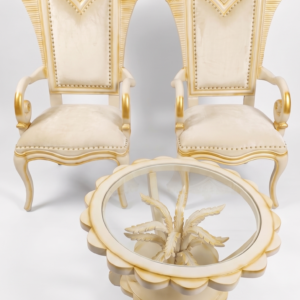 Luxury royal wooden chair set with glass coffee table, handcrafted high-back chairs with gold detailing and premium upholstery for elegant living room décor