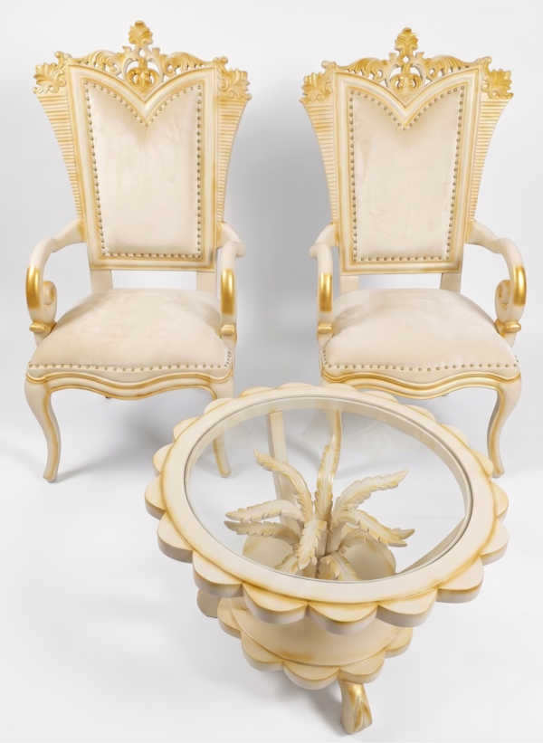 Luxury royal wooden chair set with glass coffee table, handcrafted high-back chairs with gold detailing and premium upholstery for elegant living room décor