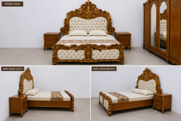 royal bed side angles Luxury Royal Carved Bed Set – Handcrafted Wooden Masterpiece for Elegant Bedrooms