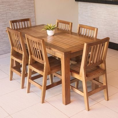Solid wooden dining table set with six chairs in natural finish for modern home Elegant wooden dining table and chairs set for family dining space wooden dining table set