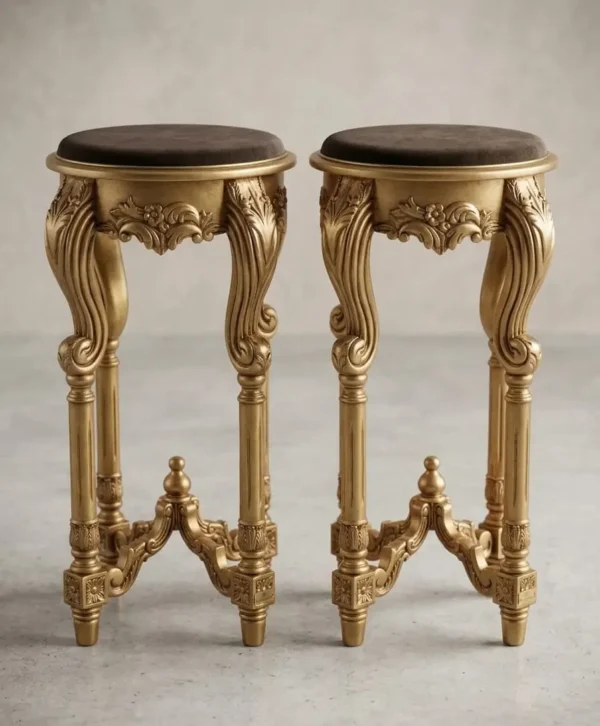 beautiful-design-stool-pair-for-home Golden polish teak wood sitting stool with glass surface