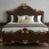 Luxury Indian wood carving bed design, bed with royal classic design, dark walnut finish, and elegant gold detailing for premium bedroom interiors.