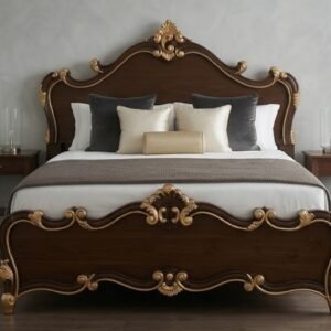 Luxury Indian wood carving bed design, bed with royal classic design, dark walnut finish, and elegant gold detailing for premium bedroom interiors.