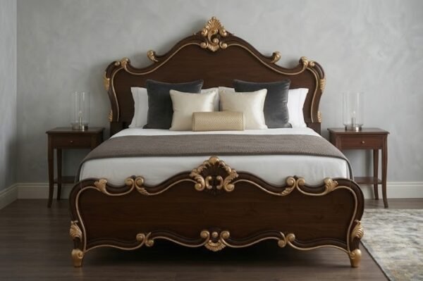 Luxury Indian wood carving bed design, bed with royal classic design, dark walnut finish, and elegant gold detailing for premium bedroom interiors.