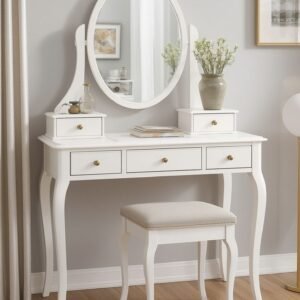Luxury Modern dressing table designs for bedroom, white wooden dressing table with oval mirror, storage drawers, and cushioned stool for modern elegant bedroom interiors.