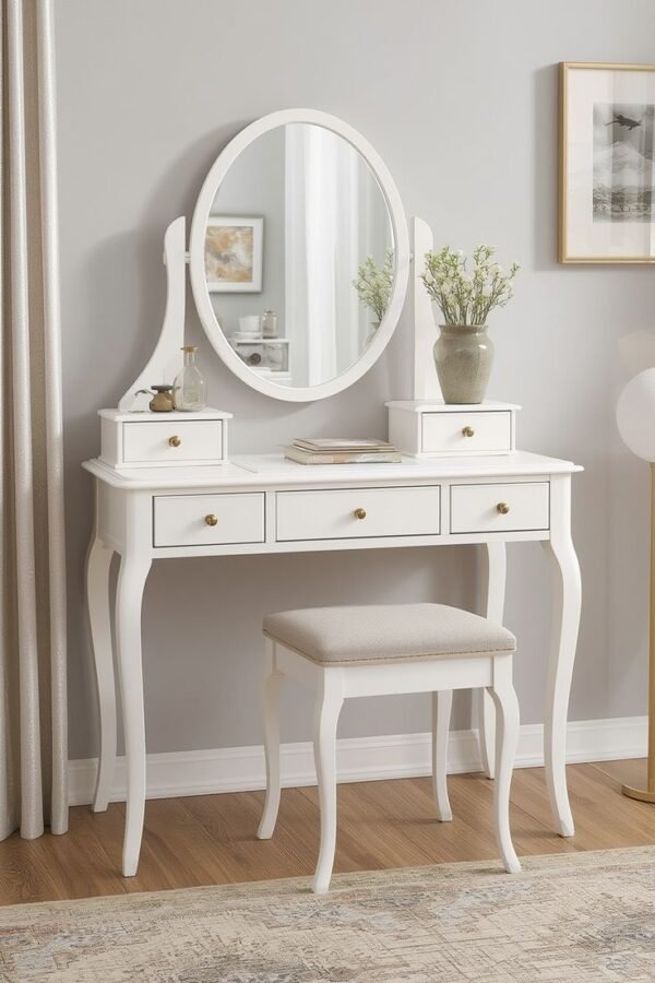 dressing table design Luxury Modern dressing table designs for bedroom, white wooden dressing table with oval mirror, storage drawers, and cushioned stool for modern elegant bedroom interiors.
