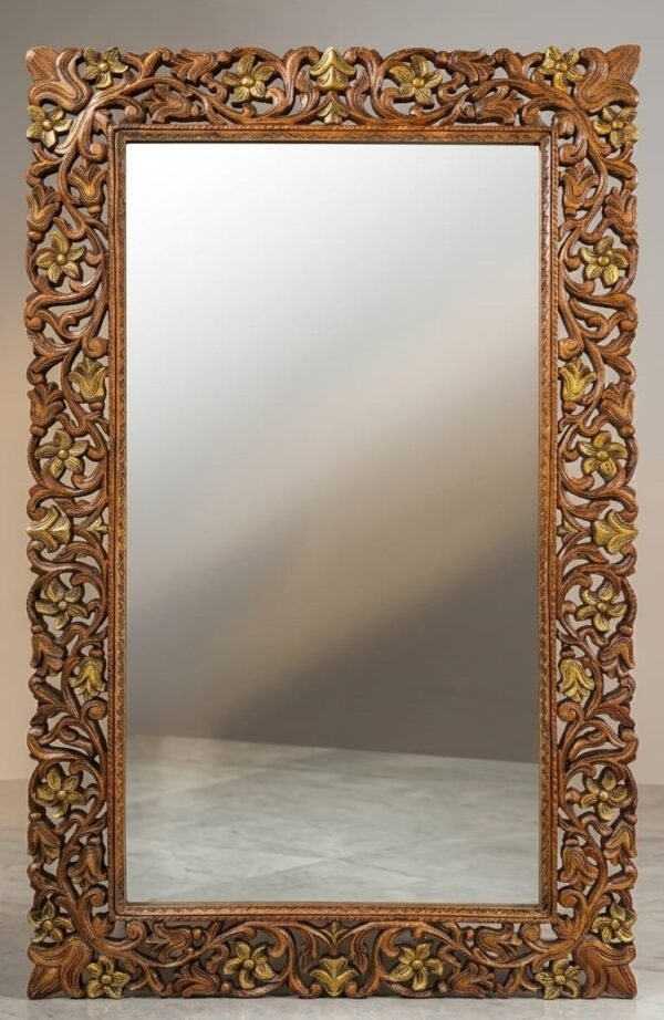 Carved Wooden frames for Wall with floral vine patterns and gold-painted accents on a marble floor background.