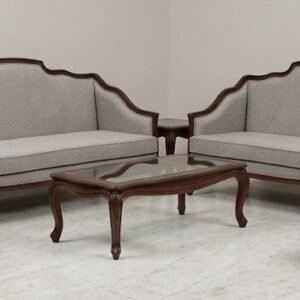 Luxury premium wooden sofa set with premium beige fabric upholstery, handcrafted detailing, elegant center table, and royal living room furniture design.