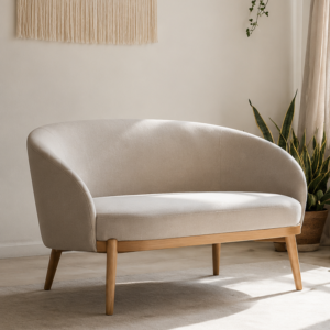Luxury curved upholstered sofa with wooden legs in a modern minimalist living room setting.