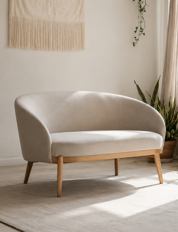 Luxury curved upholstered sofa with wooden legs in a modern minimalist living room setting.