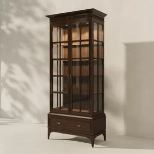 solid-teak-wood-crockery-almirah-glass-front-dark-walnut Solid teak wood crockery almirah with glass doors and dark walnut finish