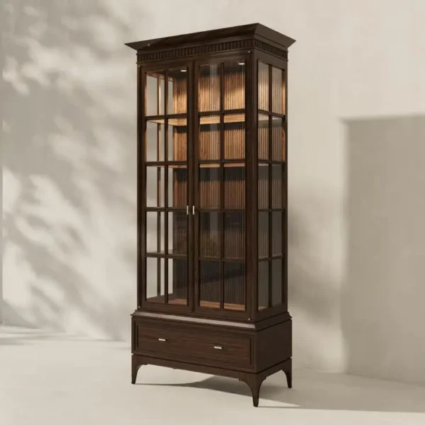 solid-teak-wood-crockery-almirah-glass-front-dark-walnut Solid teak wood crockery almirah with glass doors and dark walnut finish