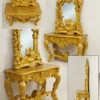 Teak wood console frame with golden deco polish for living room