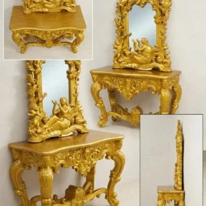 Teak wood console frame with golden deco polish for living room