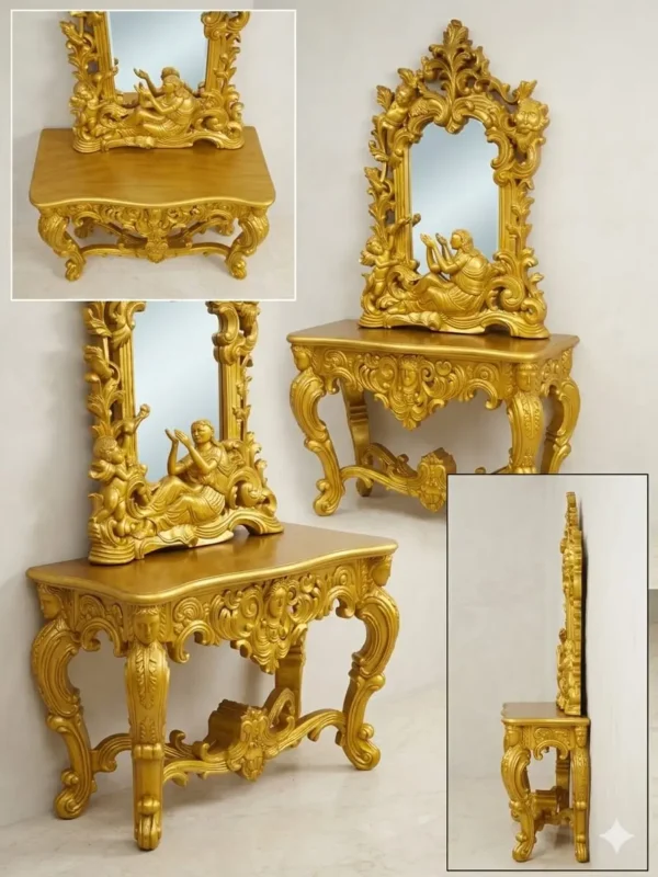 Teak wood console frame with golden deco polish for living room