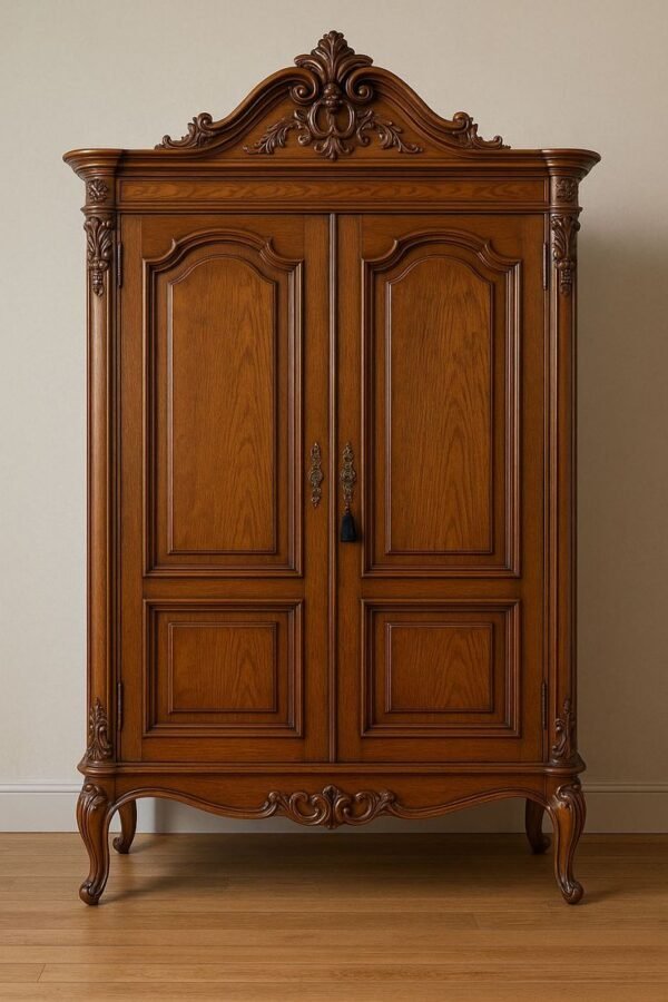 Antique Wooden Wordrobe “Elegant handcrafted solid wooden wardrobe with antique carving design, double doors, and premium polished finish for luxury bedroom storage”
