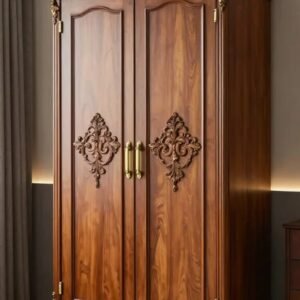 premium wooden almirah Premium solid wooden almirah with carved design and double doors, elegant wardrobe for bedroom storage