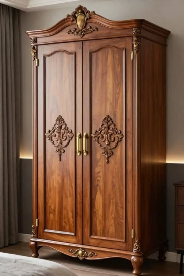 Premium solid wooden almirah with carved design and double doors, elegant wardrobe for bedroom storage