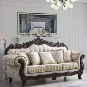Luxury handcrafted wooden carved sofa with elegant upholstery and intricate detailing, perfect for premium living room decor